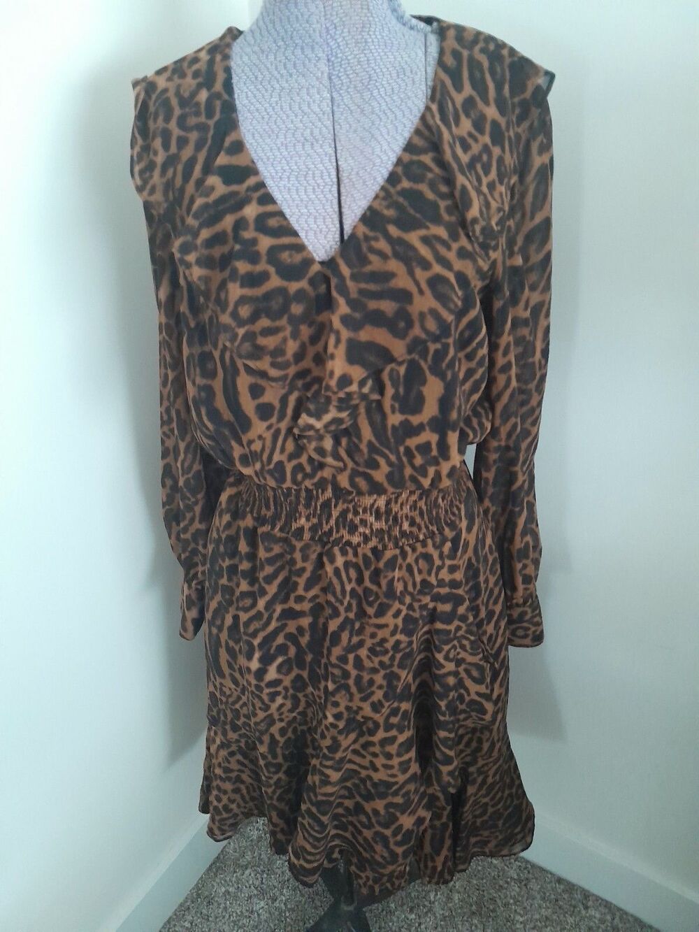 Ralph Lauren Dress Women's Animal Print Ruffled V Neck LS Sexy Classic 4 EUC